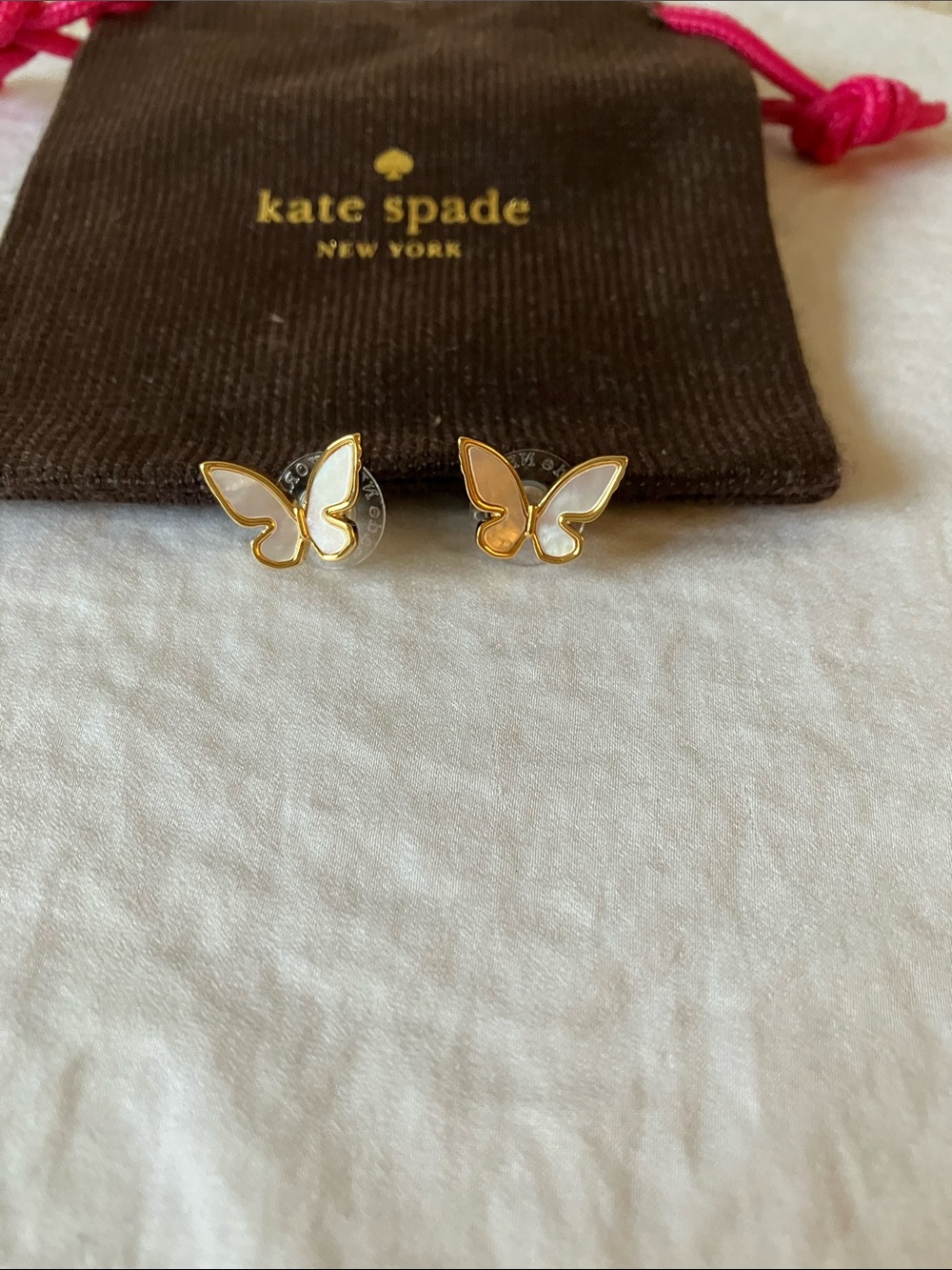 kate spade: Gold Tone “All A Flutter” Butterfly Pearl inlay Stud Earrings